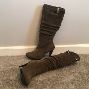 Brown suede knee high heeled boots